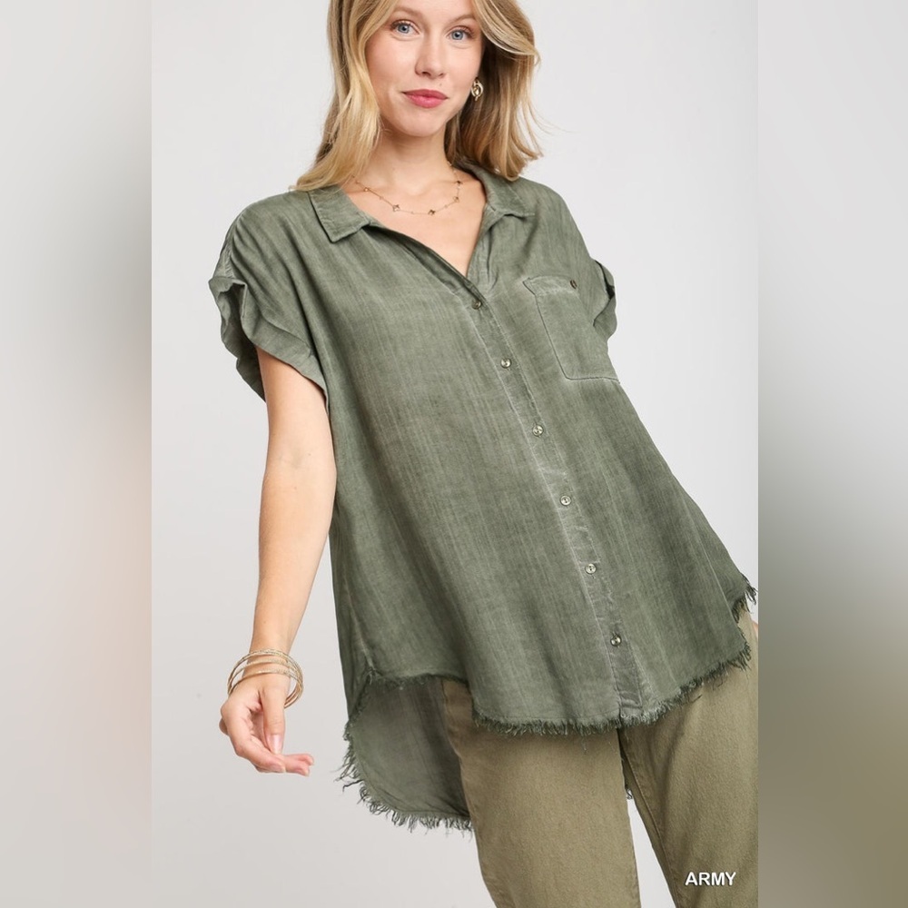 Umgee Size Small Army Mineral Wash Frayed Button Down Rayon Tunic Top